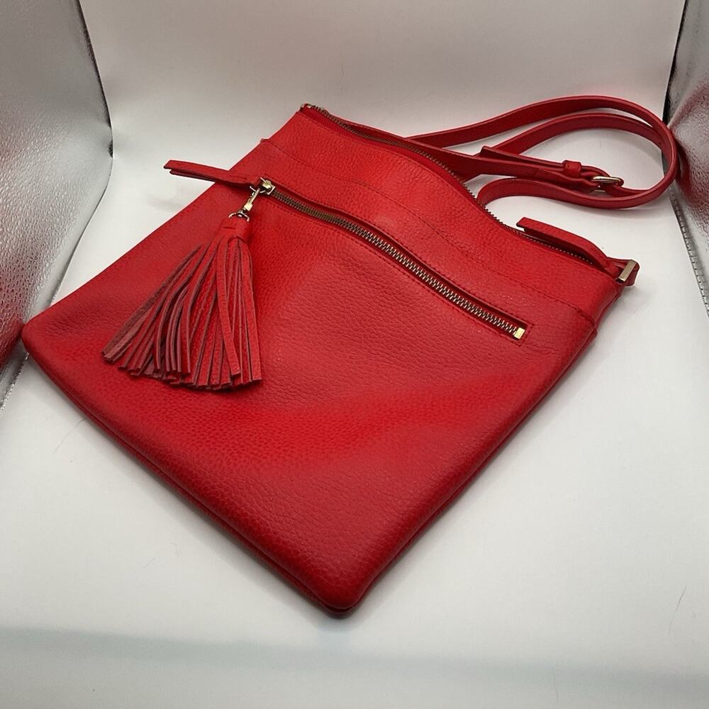 Halogen Red Pebbled Leather Crossbody Bag Front Zip Tassel Fringe Messenger